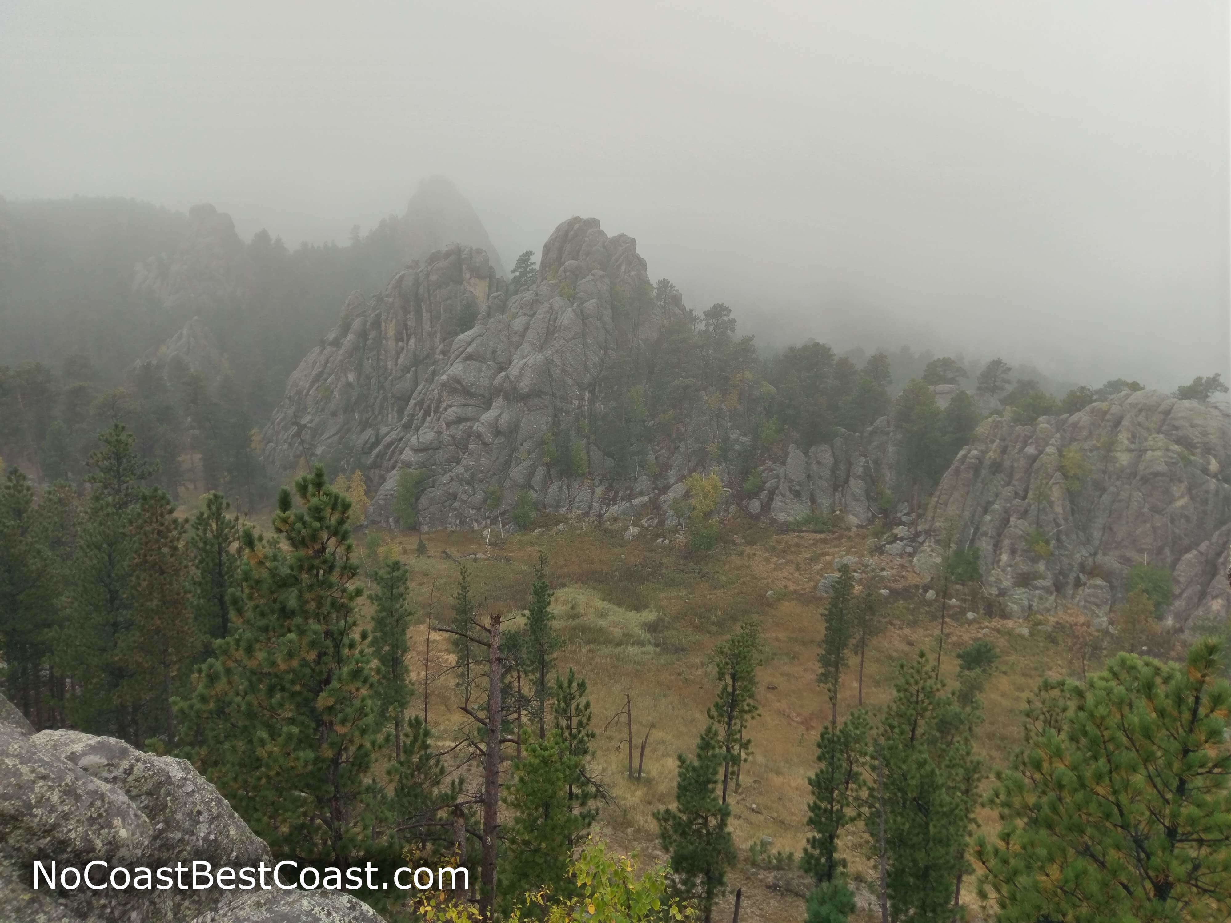 Typical Black Hills rock formations seen in the distance
