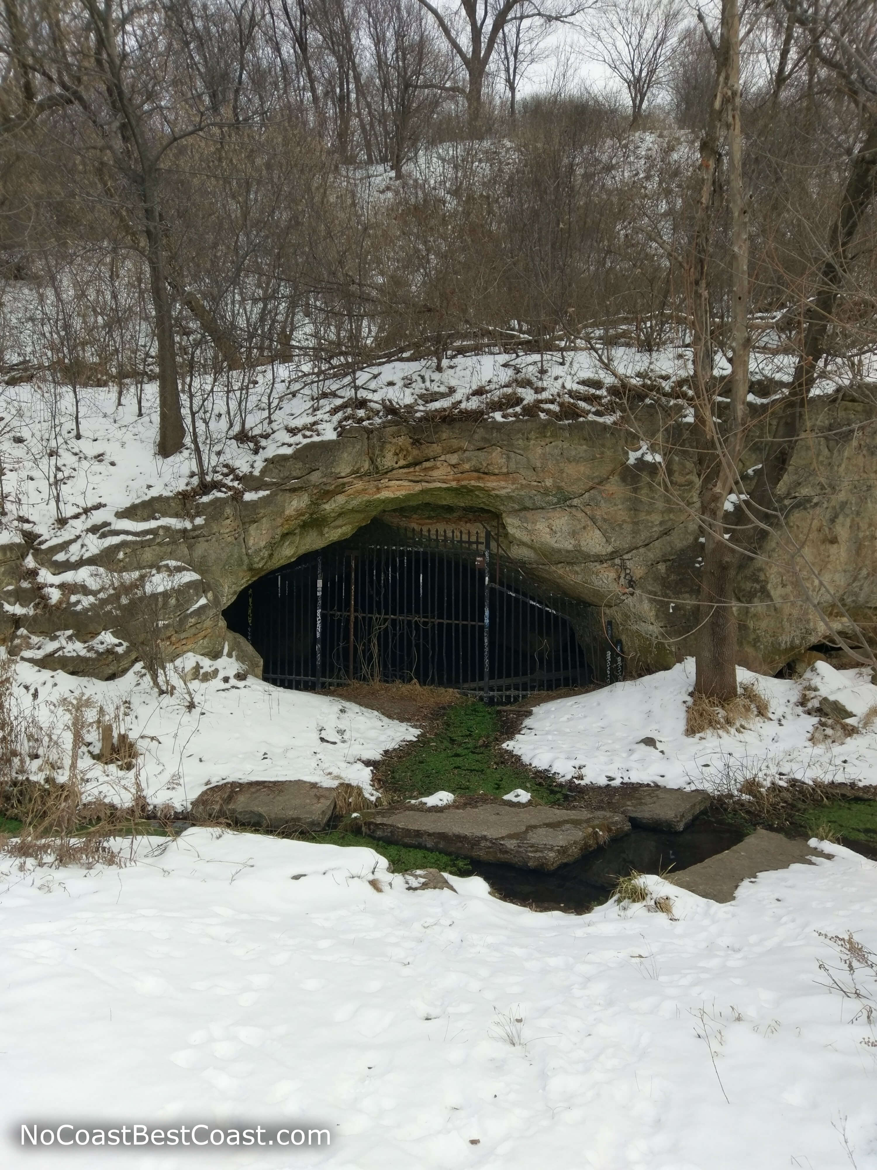 The fenced-off entrance of Carver's Cave