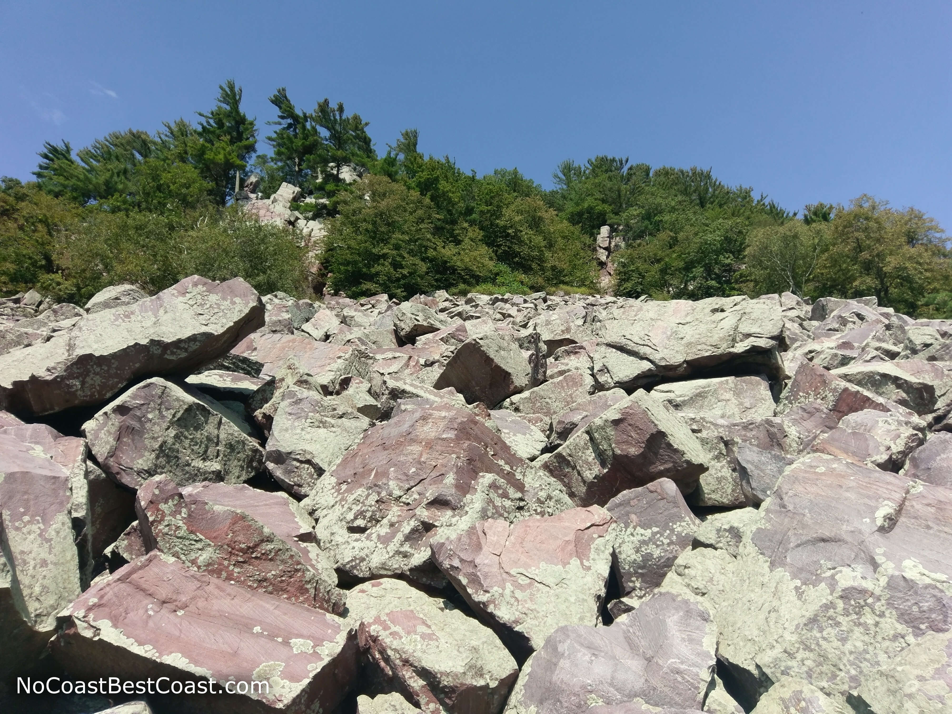 Looking up at the boulders on the southern slope of the East Bluff