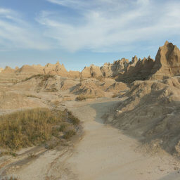 Spiky badlands formations in the distance