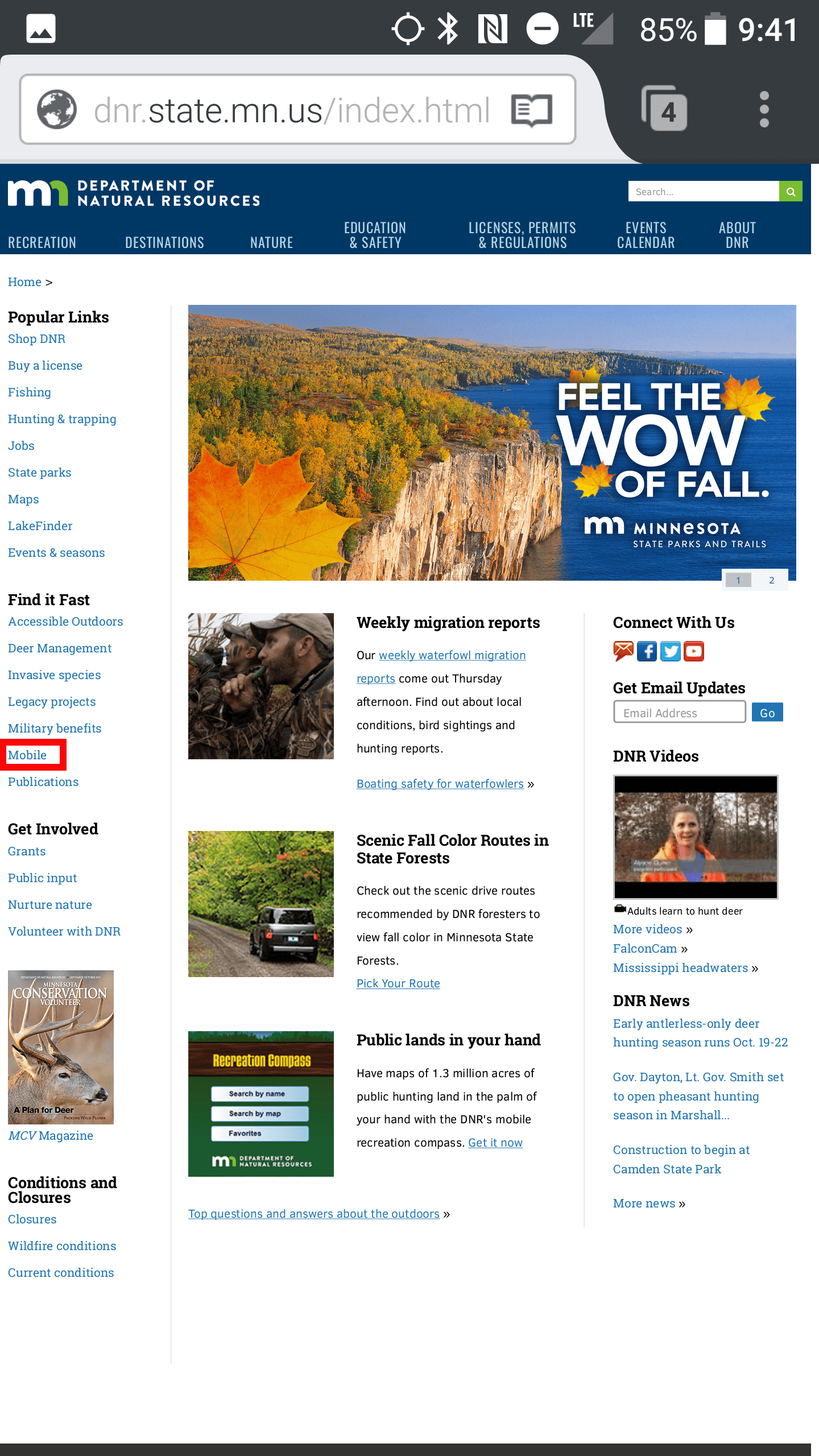 The MN Department of Natural Resources home page with the link to mobile web pages boxed in red