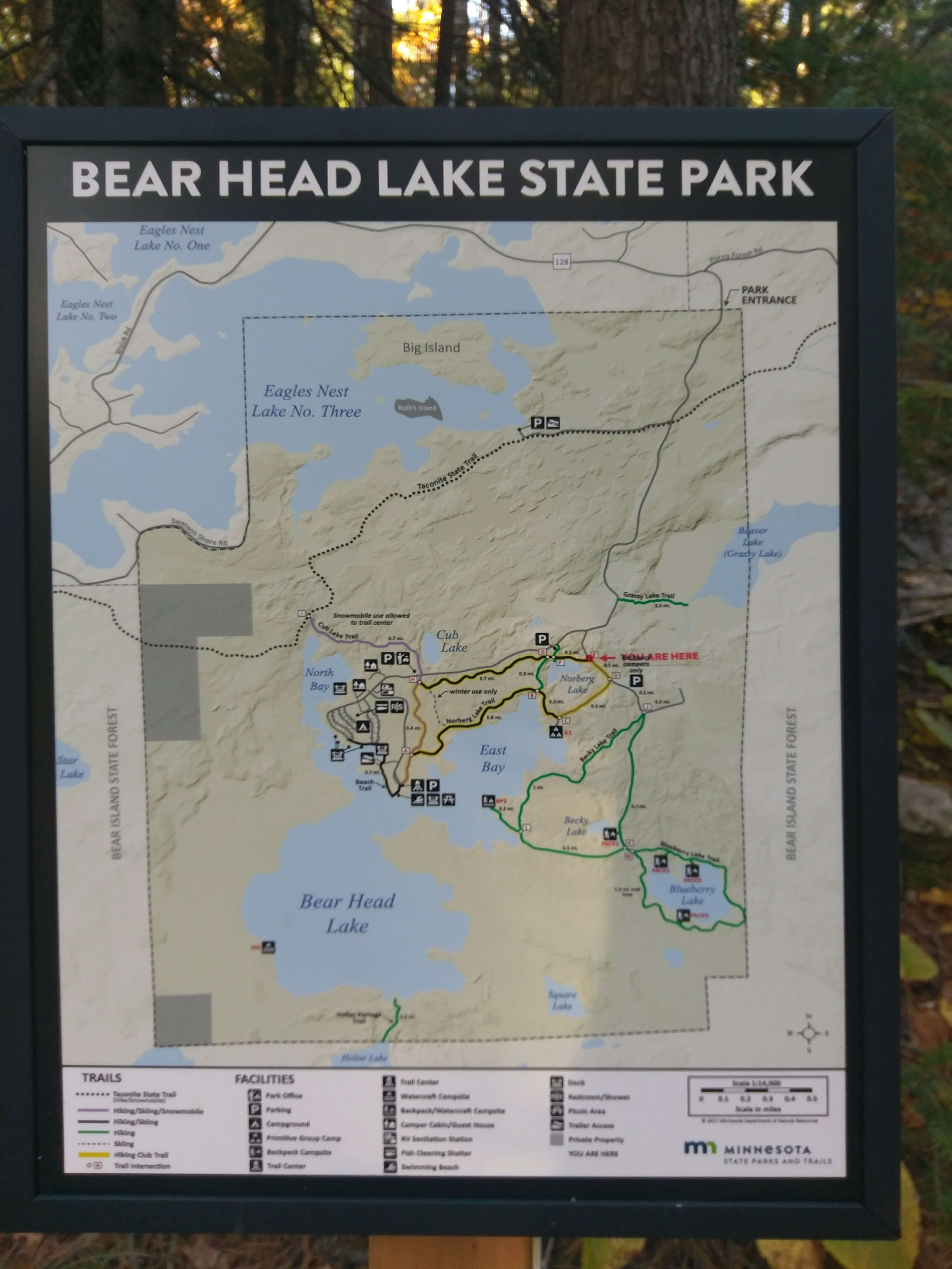 My location shown on an old fashioned sign in Bear Head Lake State Park