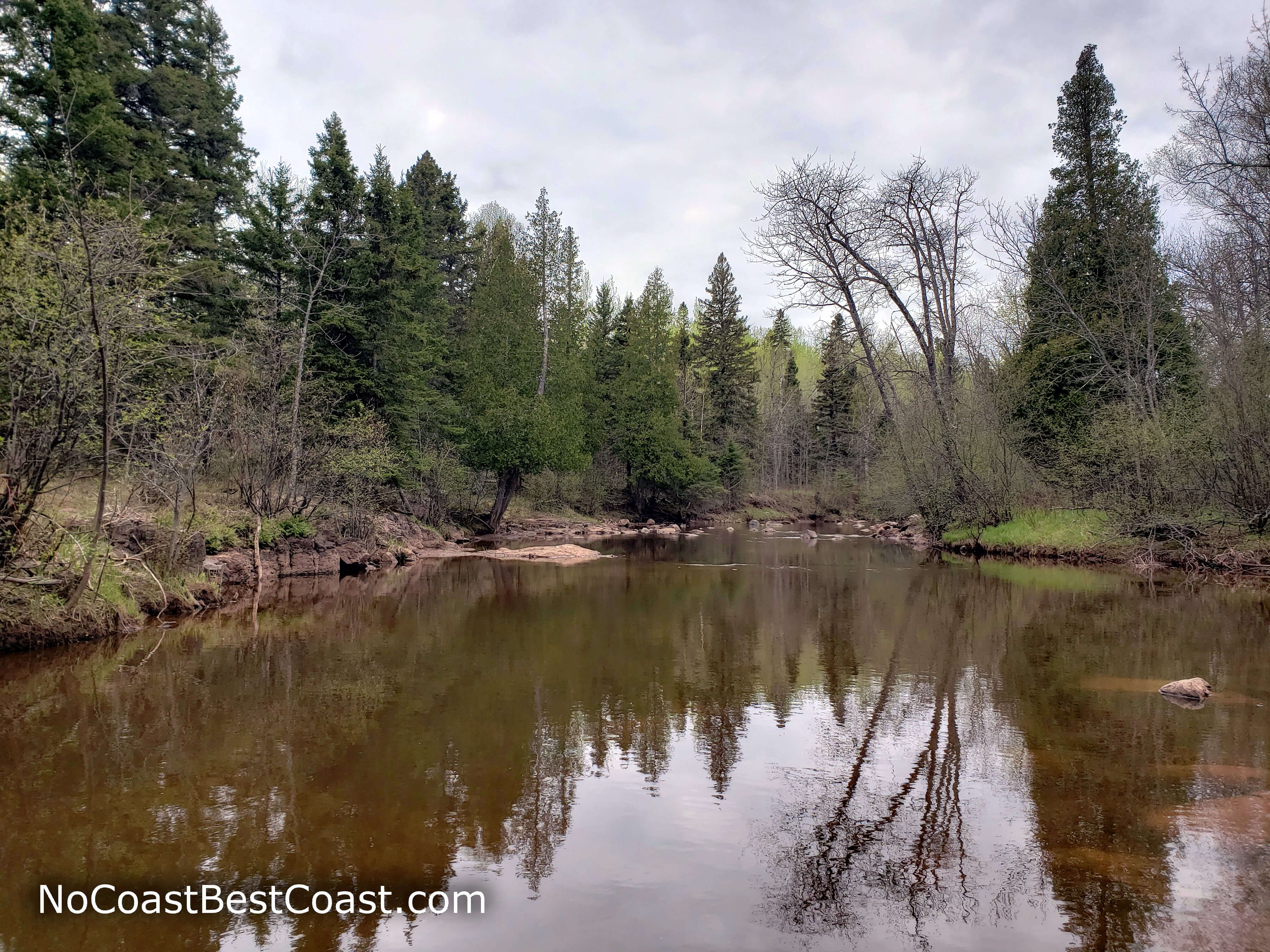 The Gooseberry River is quite calm between the falls