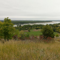 On-A-Slant Indian Village and the Missouri River as seen from the bluffs above