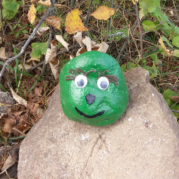 A friendly face painted on a rock greets you on the way down