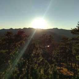 Looking west towards the bright sun over Black Elk Peak