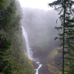 Middle Wallace Falls shrouded in mist and surrounded by moss