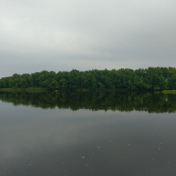 The calm river creates a mirror image of the opposite bank