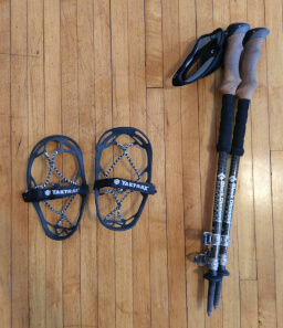 Yaktrax (left) and Black Diamond Alpine Carbon Cork Trekking Poles (right)
